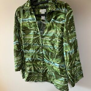 Liz Claiborne Size L Green Tropical Button-Up Blouse with skirt Size 10